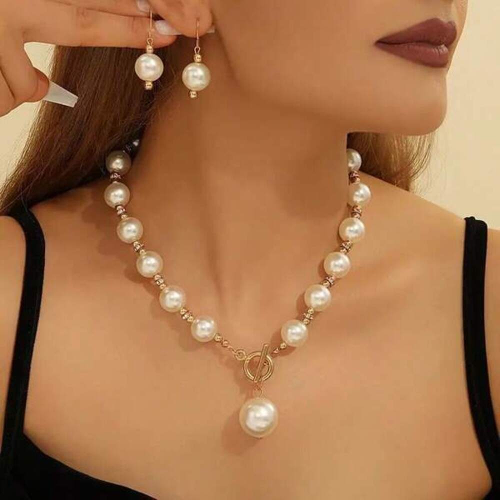 Vintage Imitation Pearl Earrings Bracelet Necklace Set For Simple Fas Gift - Picture 6 of 7